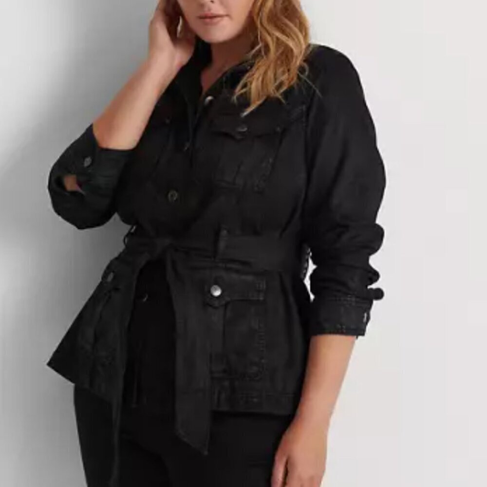 Ralph Lauren Utility Jacket Womens Black 14 Coated Denim Trucker Belted Field - Picture 6 of 10